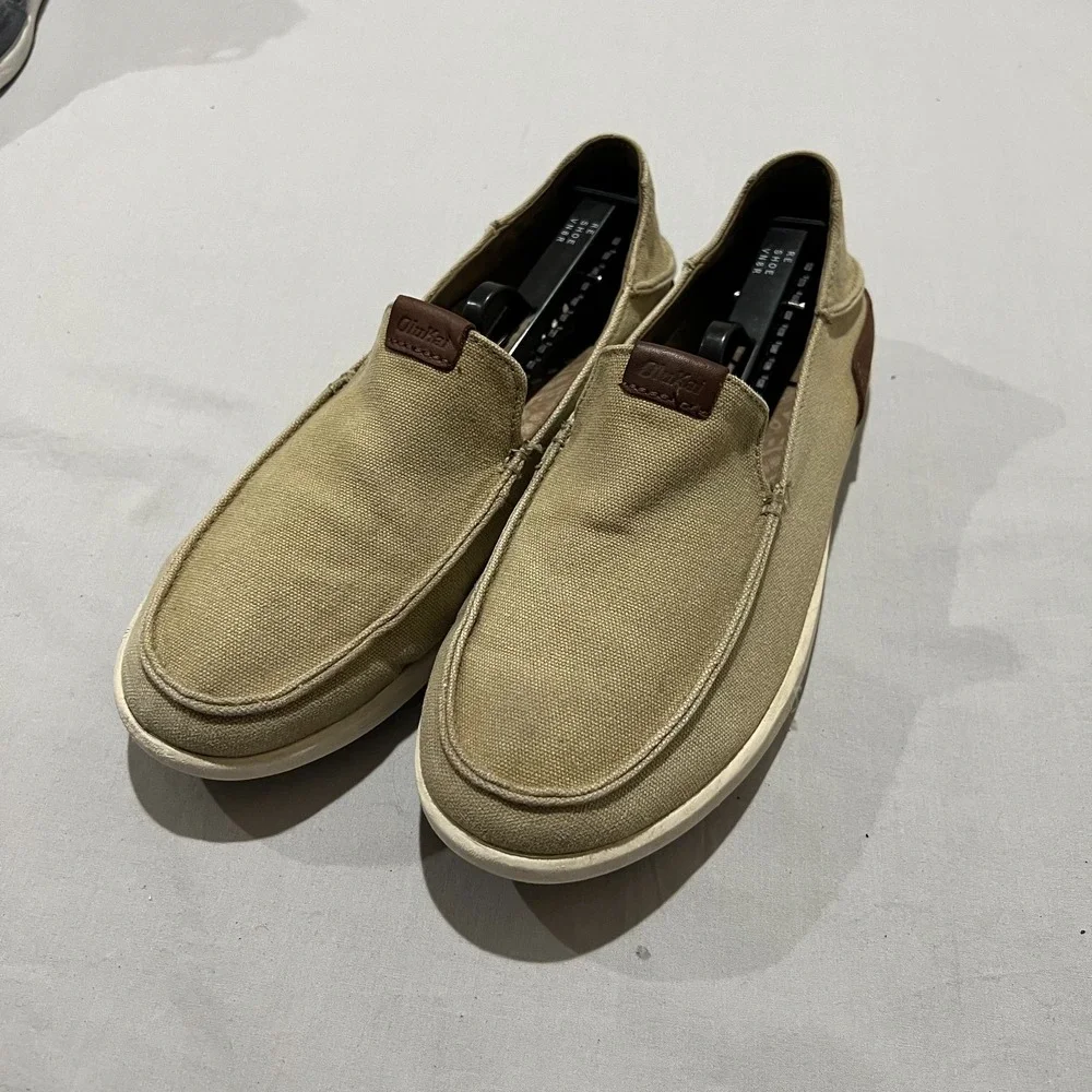 OluKai Manoa 10382-1033 Mens Ta Brown Leather Canvas Lightweight Slip On Shoes 8